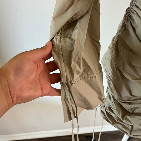 L Academie Beige Tan Mini Shirt Dress Ruched Skirt Tie Sleeves Sz S - Picture 3 of 8